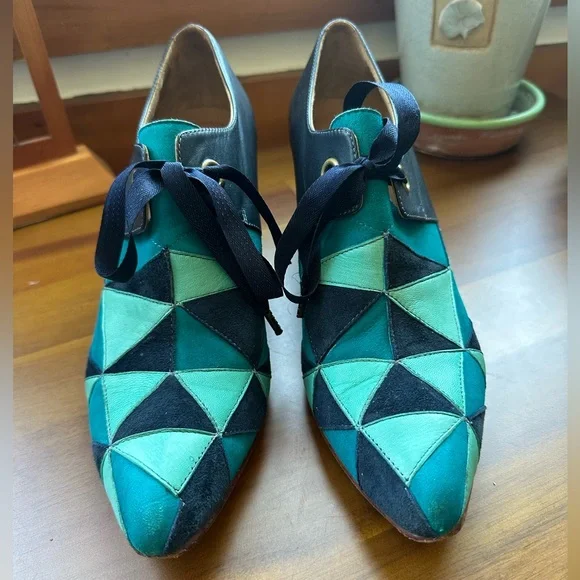 Fluevog EXCELLENT Purpose Scheme angular suede booties in turquoise/navy -7.5/8 - Picture 5 of 16